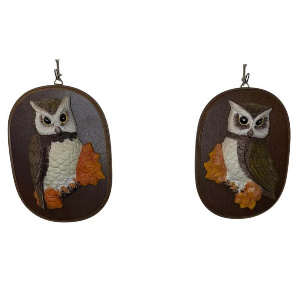 Set of 2 Vintage Mid Century Ceramic & Wood Owl Plaques